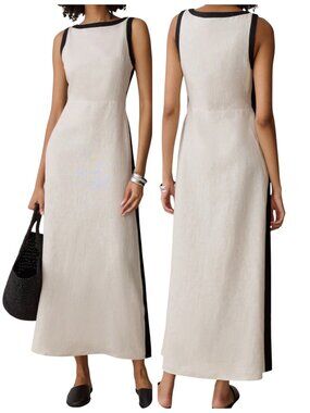 O.P.T. Claudette 100% Linen Maxi Dress Natural Black Size 2 NWT